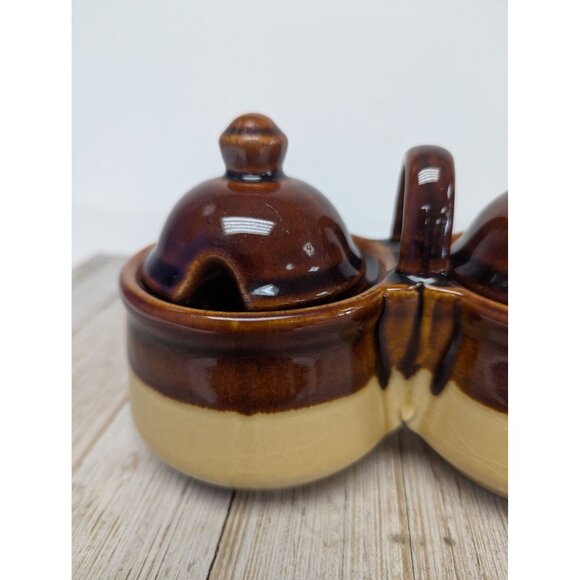 Vintage Brown Glazed Stoneware Double Condiment Sauce Pot With Lids Taiwan - Picture 3 of 10